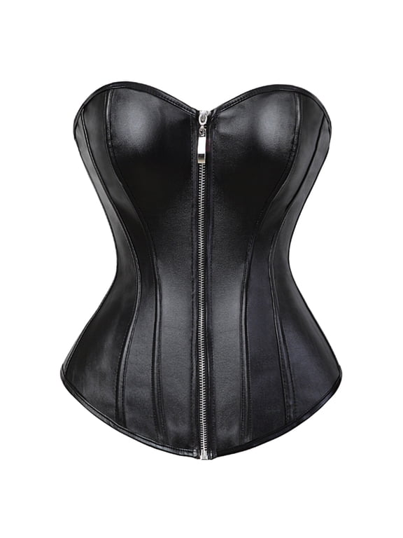 Faux Leather Corsets for Women Steampunk Gothic Corset Bustier with Zipper Plus Size Black Size L