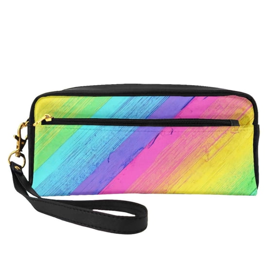 Faux Leather Cosmetic Bag Rainbow Stripe Makeup Brushes Pouch Travel Organizer Case Purse Bag