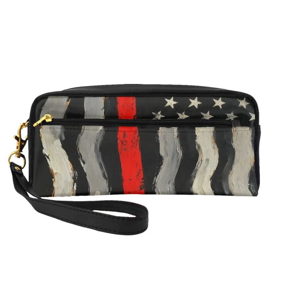 Faux Leather Cosmetic Bag Thin Red Firefighter Line Axe Flag Makeup Brushes Pouch Travel Organizer Case Purse Bag