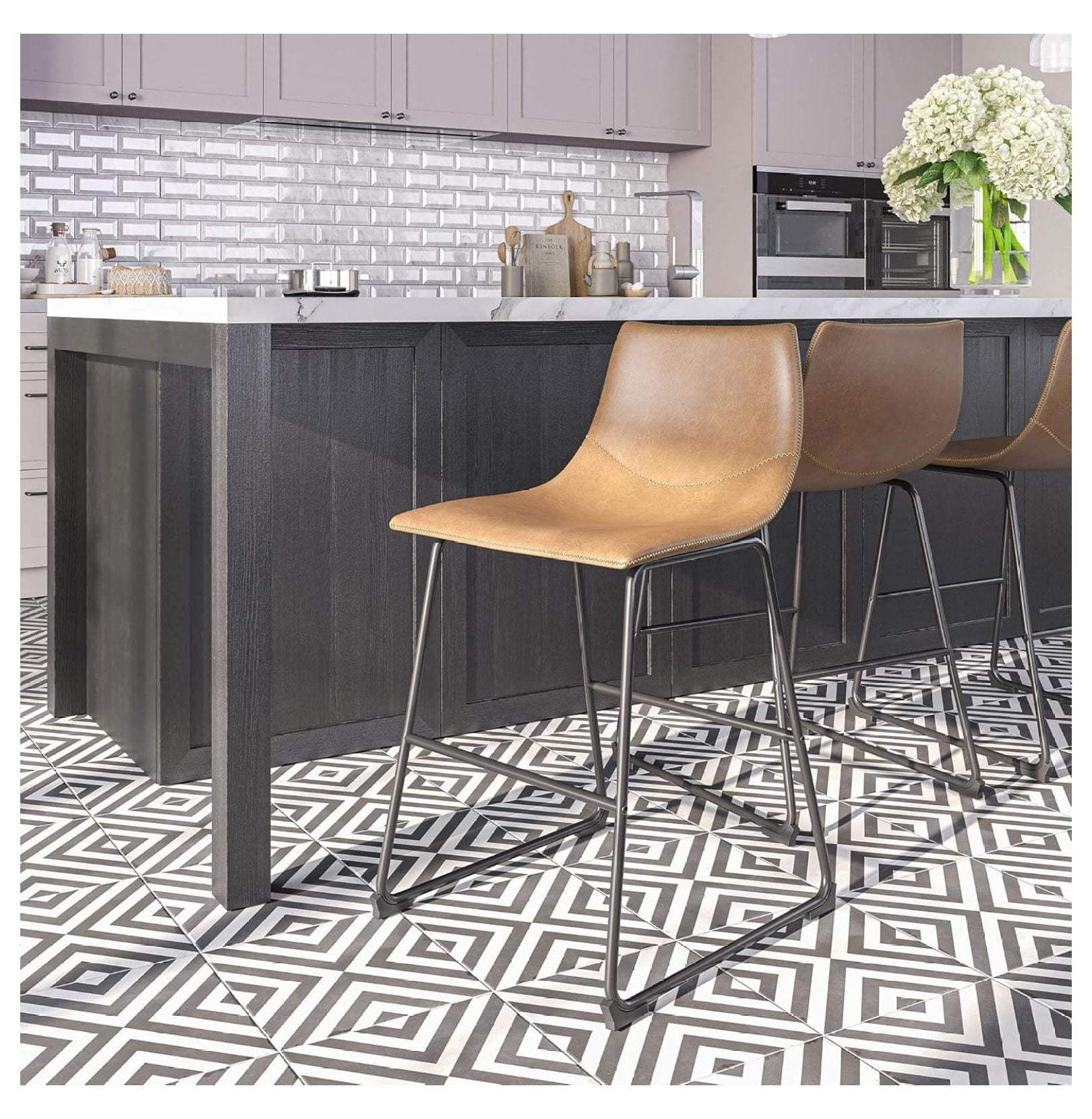 Faux Leather Counter Height Bar Stools Set of 2, Modern Upholstered Bar