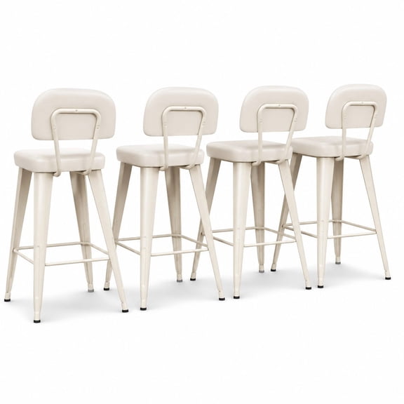Faux Leather Counter Height Bar Stools Set of 4, 24 Inch Metal Frame with High Back and Faux Leather Seat, Modern Farmhouse Style for Kitchen Island Dining Room, Off White