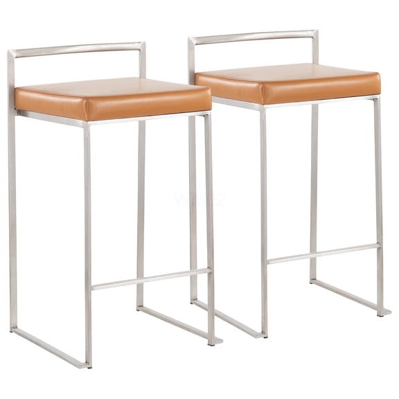 Faux Leather Counter Stools Set of 2, Stackable Metal Bar Stools with Padded Seat for Kitchen Island, Camel