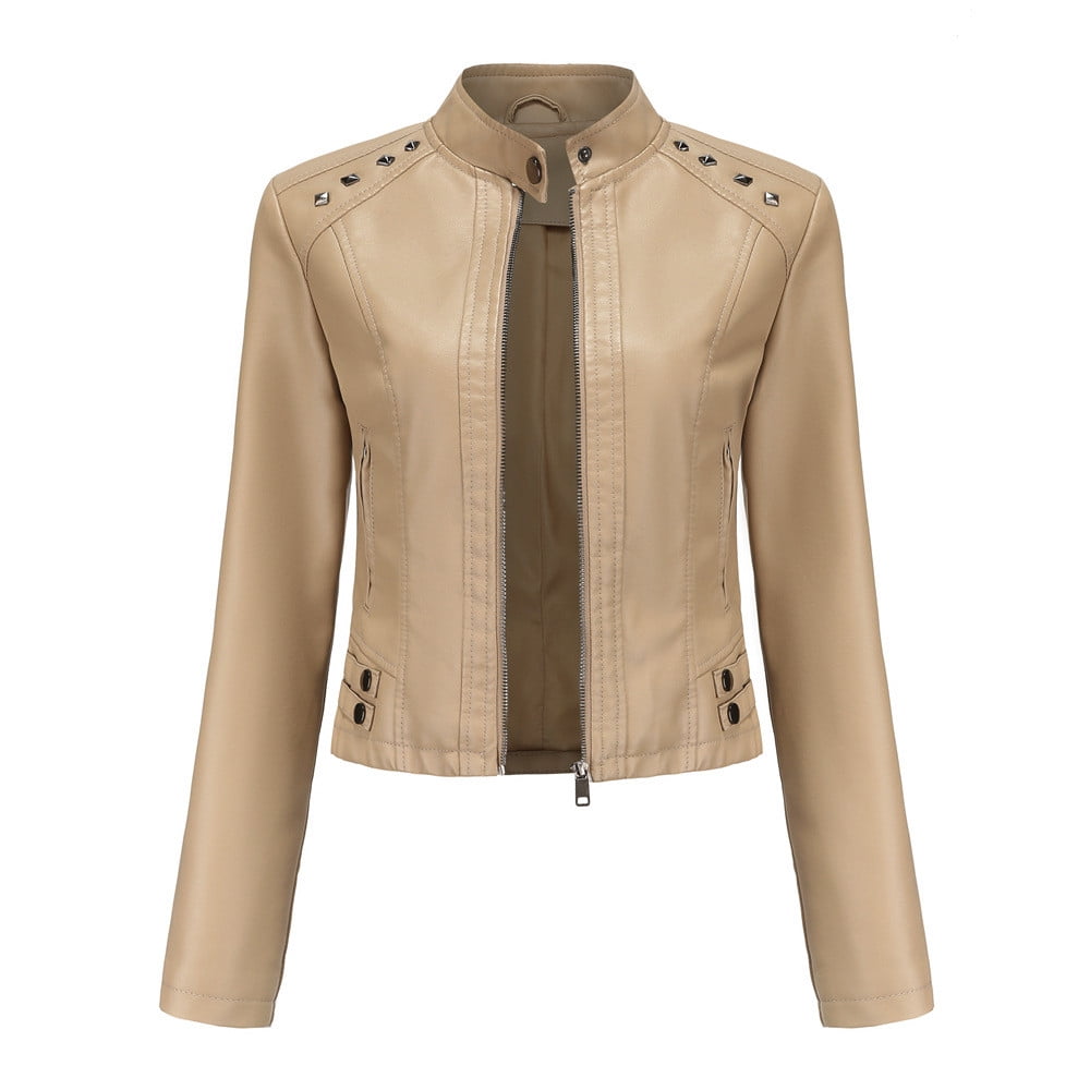 Faux Leather Cropped Jacket Full Zip up Long Sleeve Slim Fit Motorcycle Short Jacket for Women Crop Moto Coat (Large, Beige)