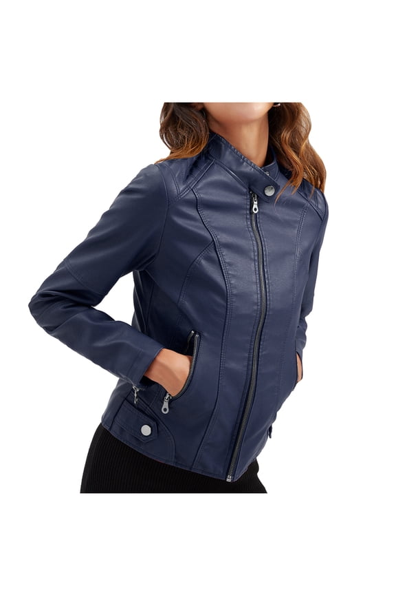 Faux Leather Cropped Jacket Full Zip up Long Sleeve Slim Fit Motorcycle Short Jacket for Women Crop Moto Coat (Large, Blue)
