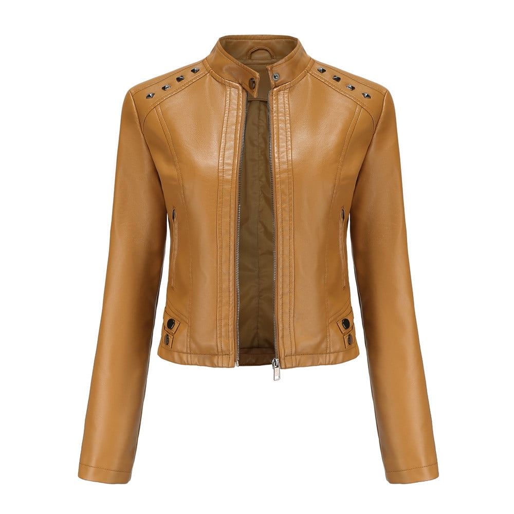 Faux Leather Cropped Jacket Full Zip up Long Sleeve Slim Fit Motorcycle Short Jacket for Women Crop Moto Coat (Small, Khaki)
