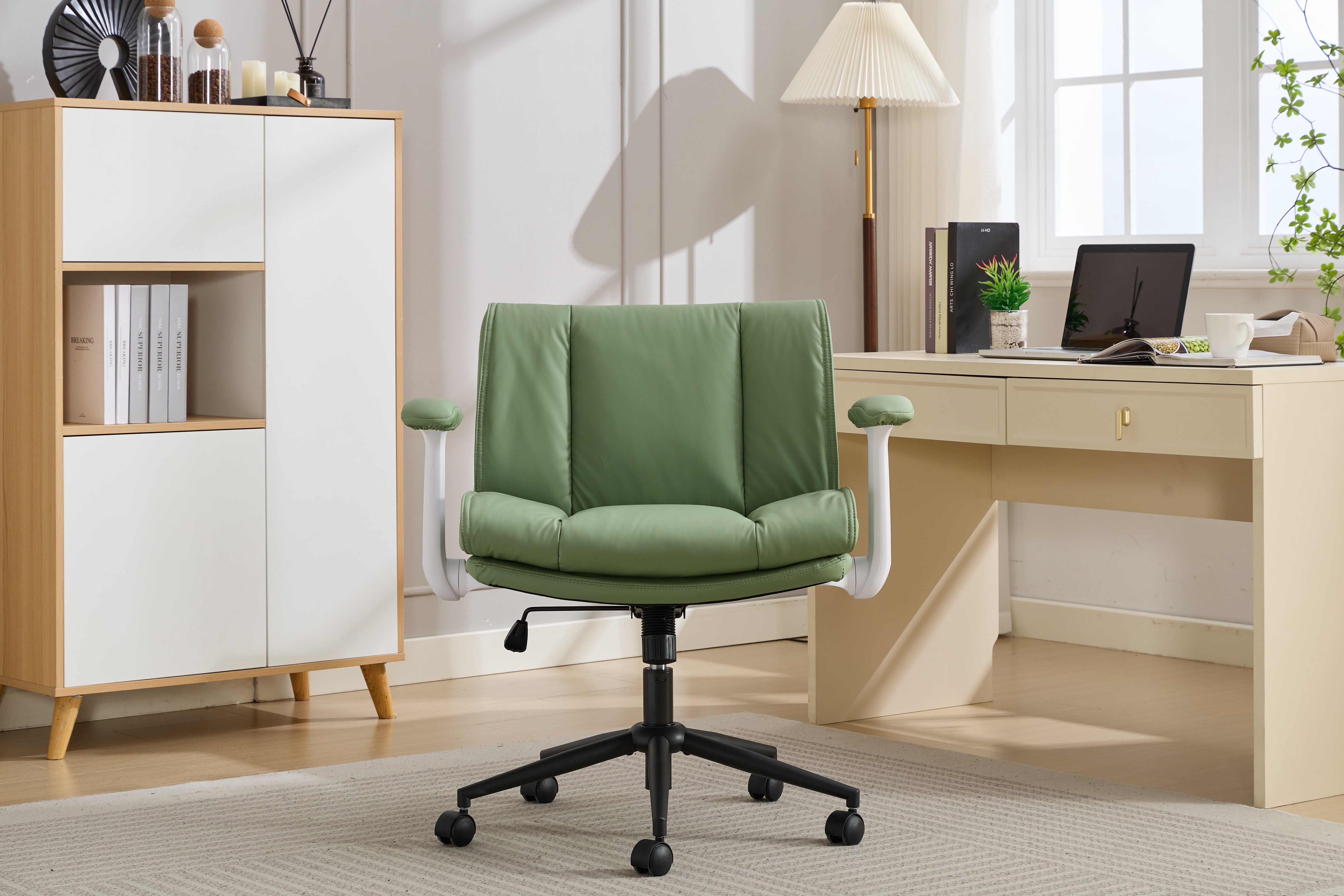 Faux Leather Cross Legged Office Chair with Flip-Up Armrests, 360° Swivel Height Adjustable Ergonomic Desk Chair 90°-120° Reclining for Home Office Vanity, Supports 300LBS