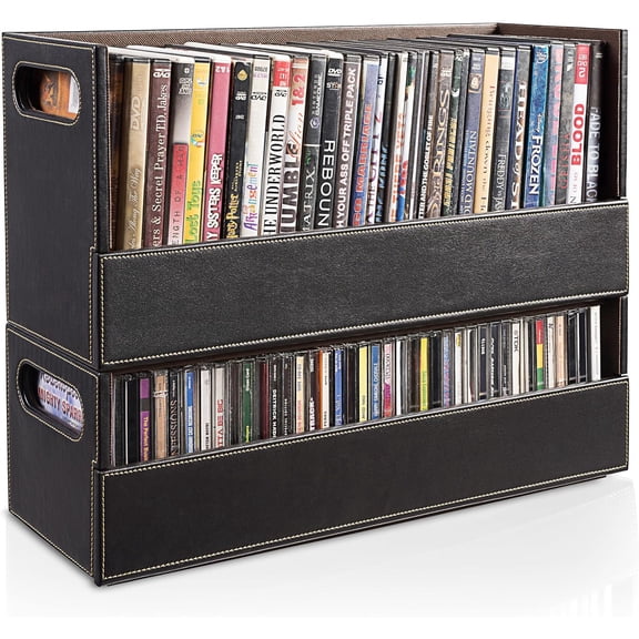 Faux Leather DVD & CD Storage Box - Movie Shelf Organizer for Blu-Ray, Video Game Cases, VHS Tape Display Stand, Disc Holder Can Store Up to 28 DVDs & 40 CDs