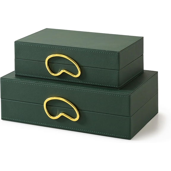 Faux Leather Decorative Boxes with Lids for Home Decor, Set of 2 Stacking Hinged Boxes for Coffee Table and Living Room Shelves, Nesting Remote Control Holder, Forest Green