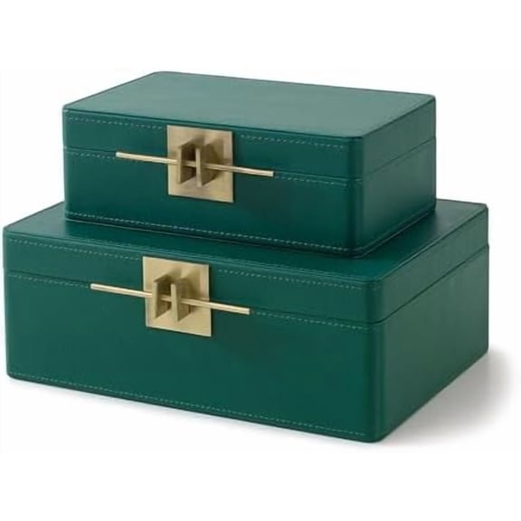 Faux Leather Decorative Boxes with Lids for Home Decor, Set of 2 Stacking Hinged Boxes for Coffee Table and Living Room Shelves, Remote Control Holder, Emerald Green$$Home Decor, Kitchen, & Other