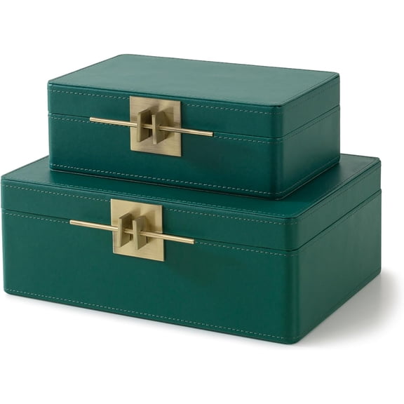 Faux Leather Decorative Boxes with Lids for Home Decor, Set of 2 Stacking Hinged Boxes for Coffee Table and Living Room Shelves, Remote Control Holder, Emerald Green