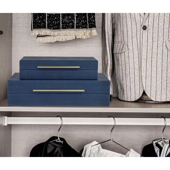 Faux Leather Decorative Boxes Set of 2, Large Nesting Keepsake Box Accessory Organizer Jewelry Organizer with Hinged Lid, Stacking Storage Box Container for Home or Office (Navy Blue)