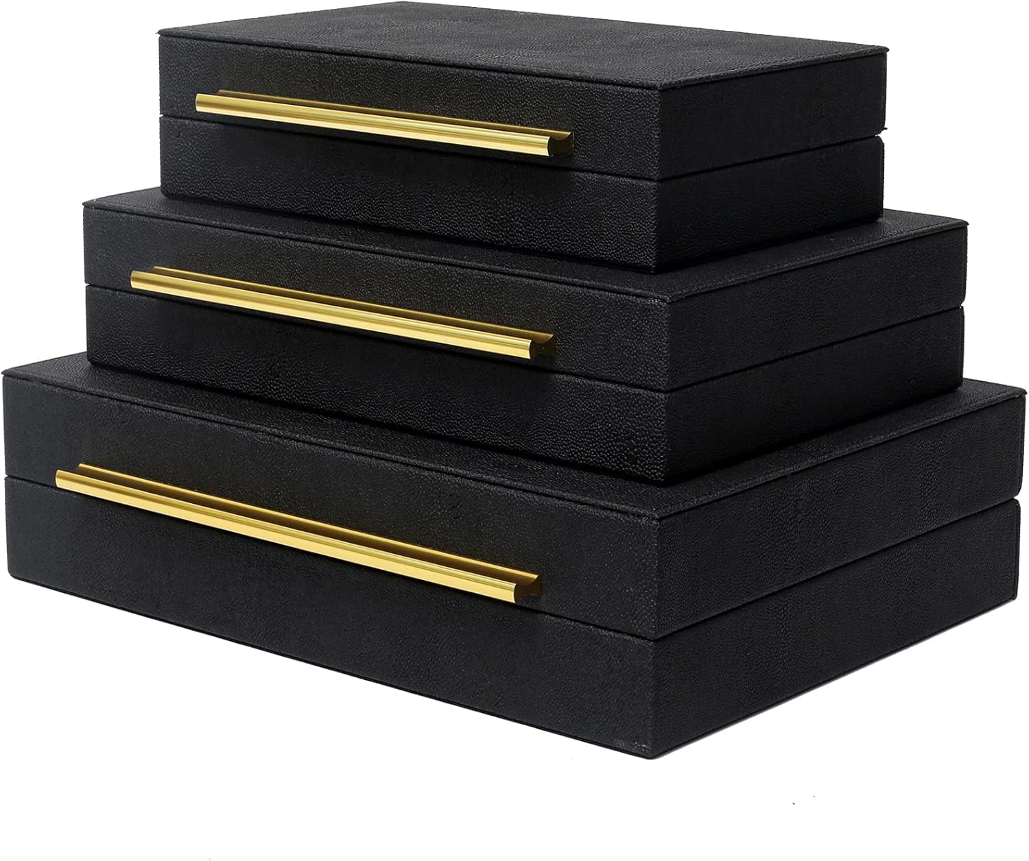 Black Faux Leather Rectangular Decorative Storage Boxes with Gold Handles, Set of 3