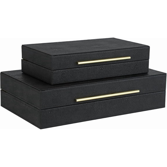 Faux Leather Decorative Nesting Storage Boxes Set of 2 with Hinged Lids (Black)