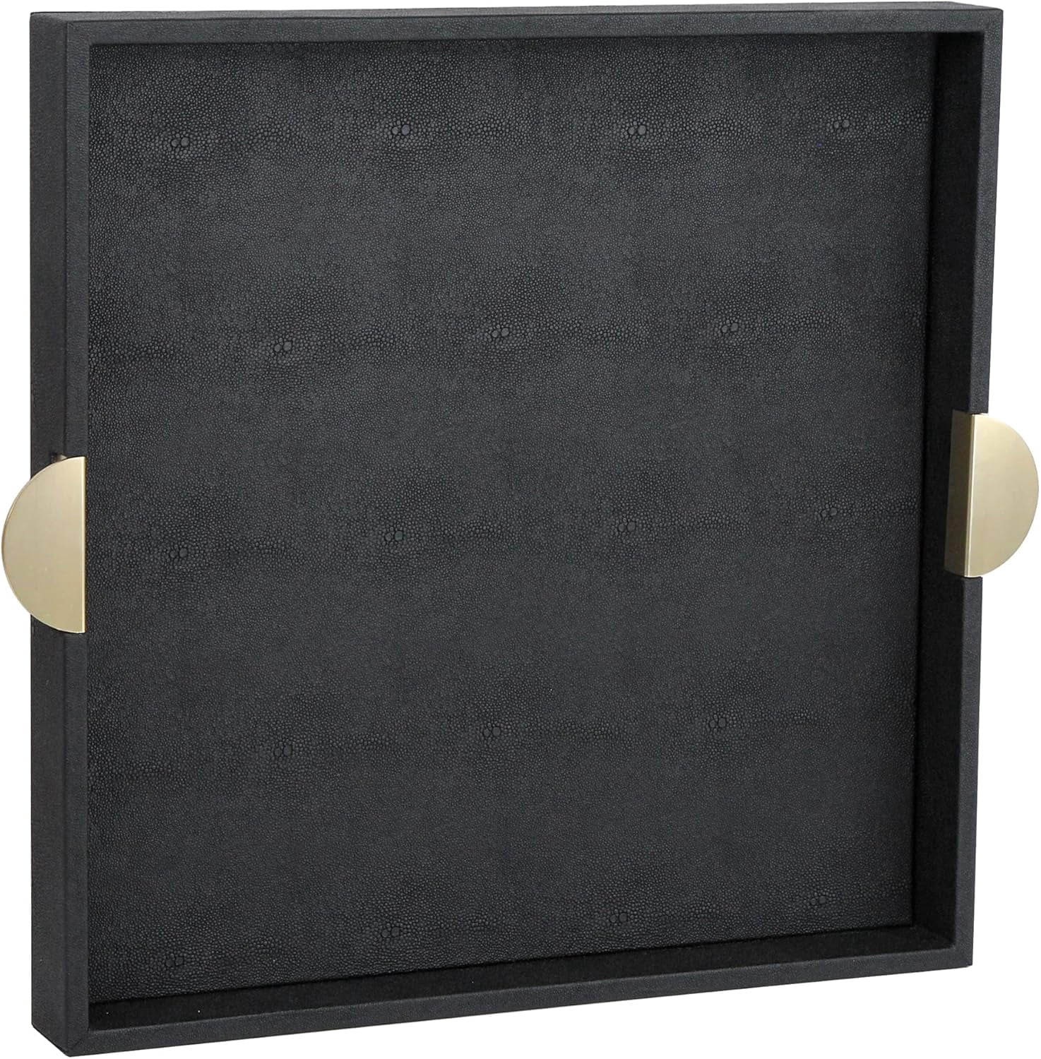 HofferRuffer Faux Leather Serving Tray - Black Shagreen Finish With Gold Handles, 17.8" Square