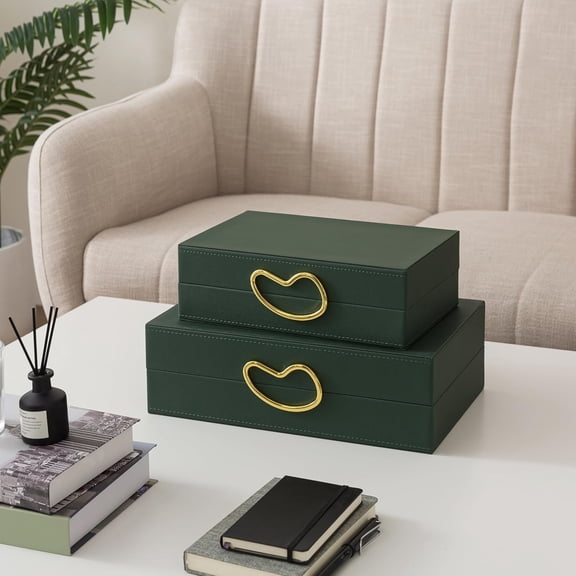 Faux Leather Decorative Storage Boxes Set of 2, Stacking Hinged Nesting Remote Holder for Coffee Table Living Room Shelves, Forest Green