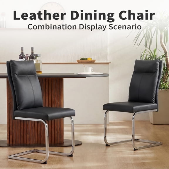 Faux Leather Dining Chair Set of 2, Modern Kitchen Chairs with Thick Cushion and Ergonomic Backrest, Chrome Metal Legs with Non-Slip Pads, 250 Lbs Capacity for Dining Room Kitchen, Black