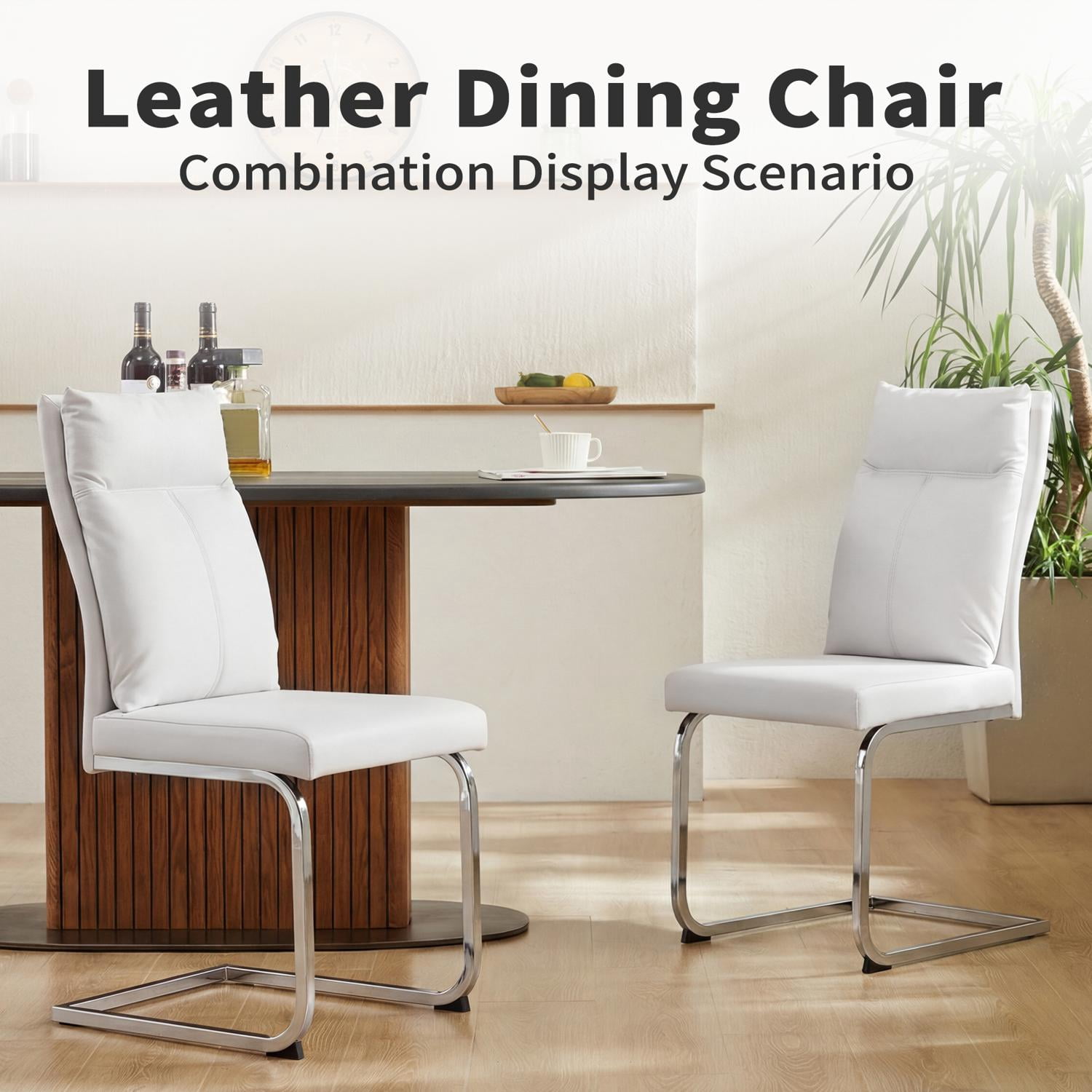 Faux Leather Dining Chair Set of 2, Modern Kitchen Chairs with Thick Cushion and Ergonomic Backrest, Chrome Metal Legs with Non-Slip Pads, 250 Lbs Capacity for Dining Room Kitchen, White
