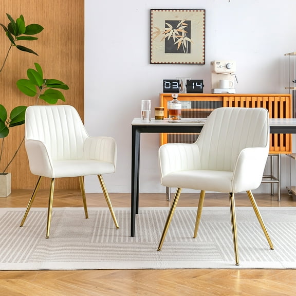 Faux Leather Dining Chair Set of 2 - Modern Mid-Back Accent Chairs with Gold Plating Legs - Upholstered Living Room Chairs (White, Set of 2)