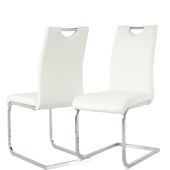 Faux Leather Dining Chairs, Industrial Dining Chair with Silver Metal Legs, Leisure Upholstered Dining Chairs, Accent Desk Chair for Kitchen, Living, Bedroom, Dining Room(White,Set of 2)