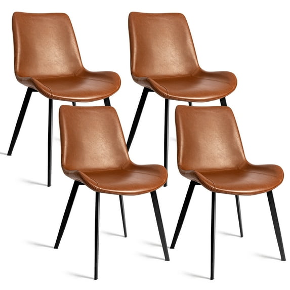 Faux Leather Dining Chairs, PU Cushion Seat Back, Metal Leg Side Chair Set of 4, Brown