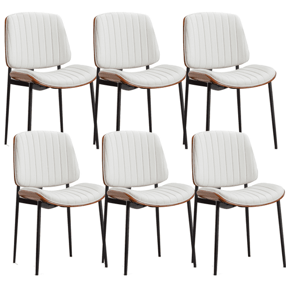 Faux Leather Dining Chairs, Retro Dining Chair with Black Metal Legs, Upholstered Dining Chairs, Accent Desk Chair for Dining Room, Kitchen, Vanity, Living Room(White,Set of 6)