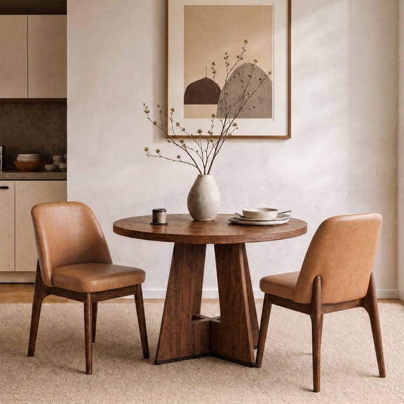 19.7" W Faux Leather Dining Chairs Set of 2, Modern Upholstered Kitchen Chairs with Solid Wood Legs, Easy Clean, Brown