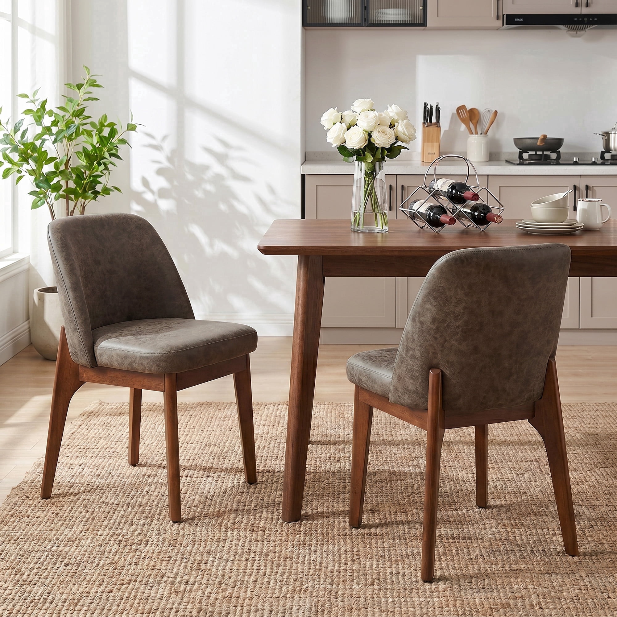 19.7" W Faux Leather Dining Chairs Set of 2, Modern Upholstered Kitchen Chairs with Solid Wood Legs, Easy Clean, Dark Brown