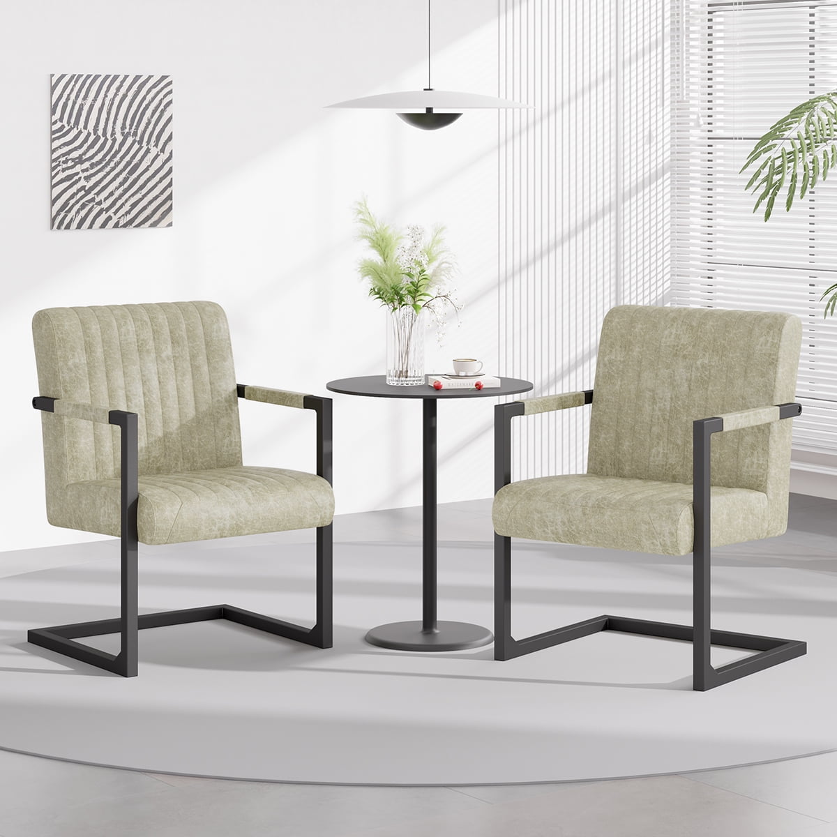 Faux Leather Dining Chairs Set of 2,Upholstered Art Accent Chair with Metal Legs and Padded Seat,Beige