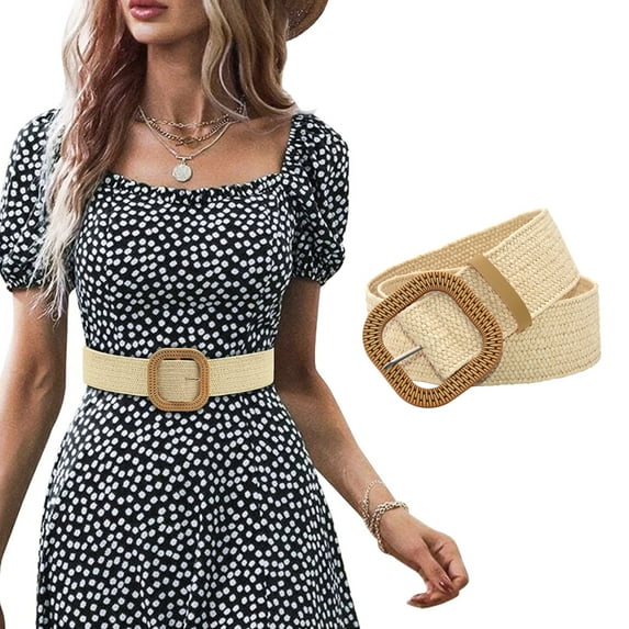 Faux Leather Dress Shirts for Women White Belt Straw Woven Elastic Stretch Wide Waist Belts Dresses With Buckle