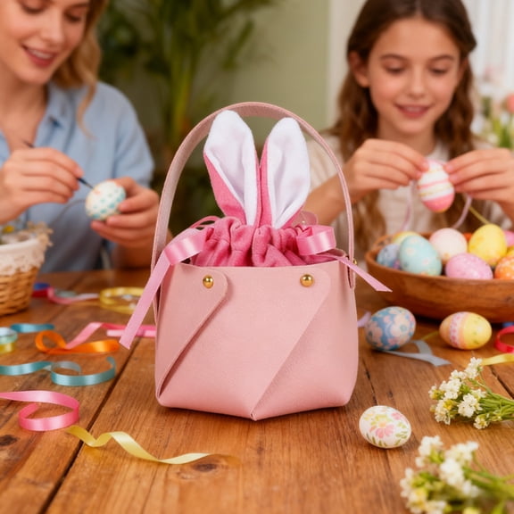 Faux Leather Easter Basket for Kids - Bunny Ears Handle Egg Hunt Bag with Pockets, Perfect for Party Favors & Gift Giving