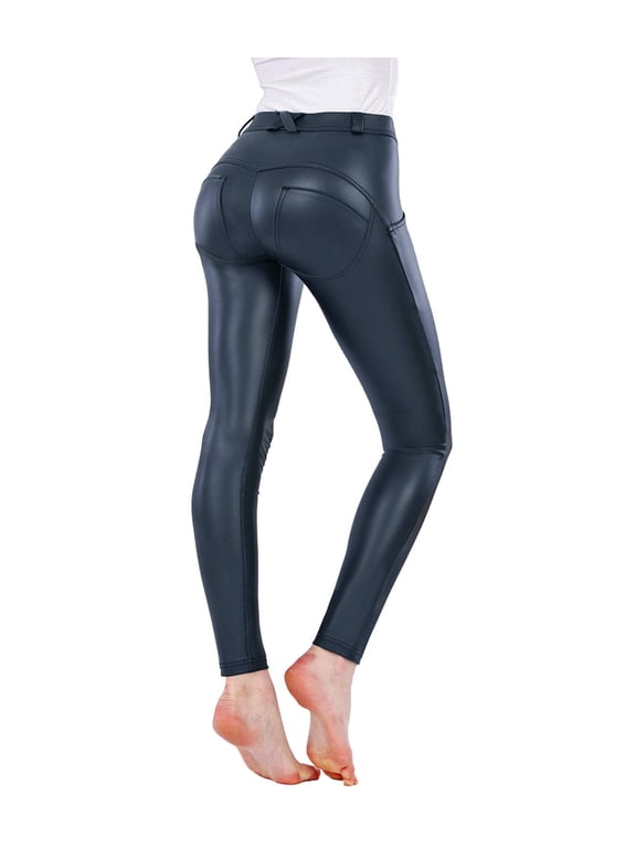 Faux Leather Elastic Shaping Hip Butt Lift Pants (XL, Navy)