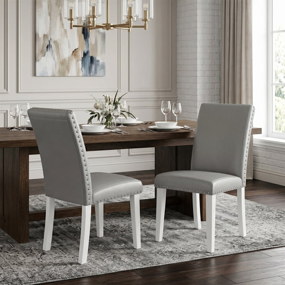 Faux Leather Fabric Dining Chairs with Nailhead Trim, Set of 2