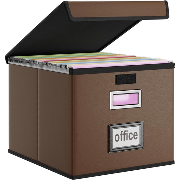 Faux Leather File Organizer Box with Lid, Collapsible Hanging File Folder Box Organizer with Plastic Slides, Decorative Home/Office Filing Boxes for File and Folder Storage - Dark Brown