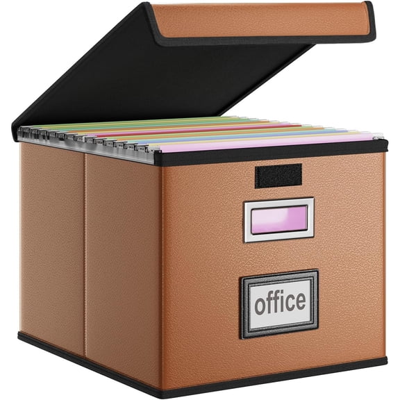 Faux Leather File Organizer Box with Lid, Collapsible Hanging File Folder Box Organizer with Plastic Slides, Decorative Home/Office Filing System Boxes for File and Folder Storage