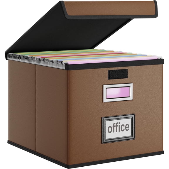 Faux Leather File Organizer Box with Lid, Collapsible Hanging File Folder Box Organizer with Plastic Slides, Decorative Home/Office Filing System Boxes for File and Folder Storage-Brown