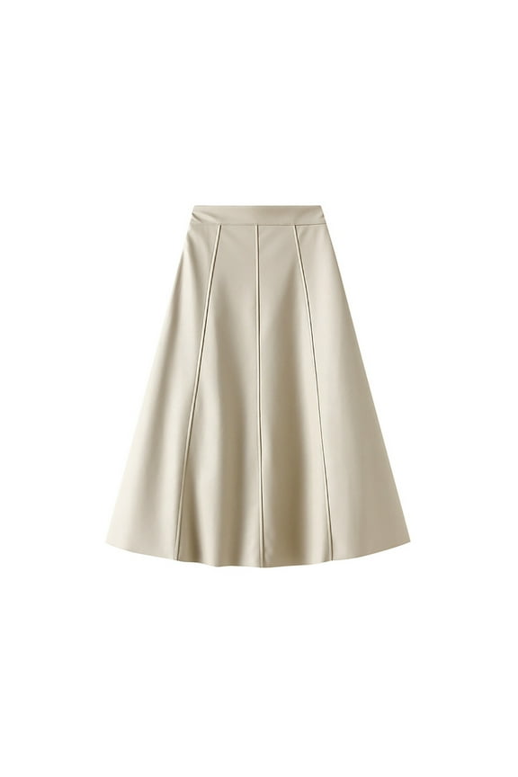 Faux Leather Flare Skirt, Womens High Waisted Skirt Midi Length Elegant Business Work Cocktail Party A-line Skirt (X-Large, Beige)