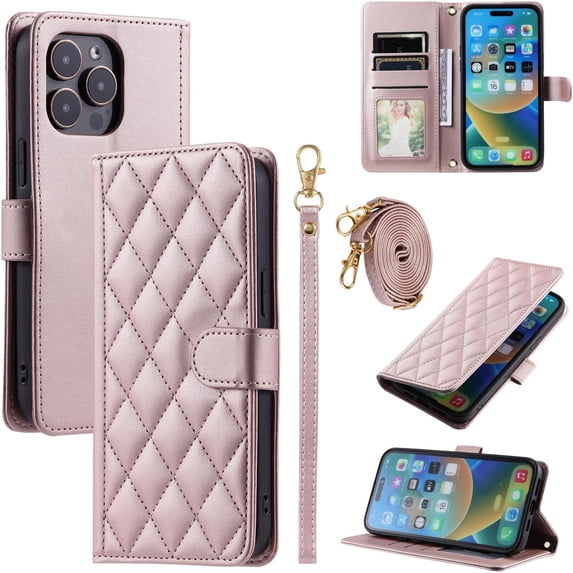 Faux Leather Flip Wallet Phone Case with Plug-in Card Slot, Crossbody or Lanyardable, Full Protection for iPhone 15 14 13 12 11 Pro Max Plus XS XR 7 8 Phone Case (Rose Gold 2,iphone 12 mini)