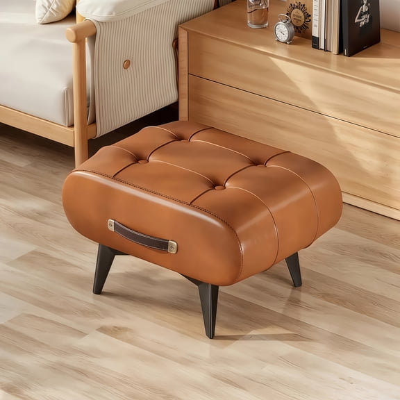Faux Leather Footstool with Padded Tufted Seat, 18 in Small Ottoman for Entryway