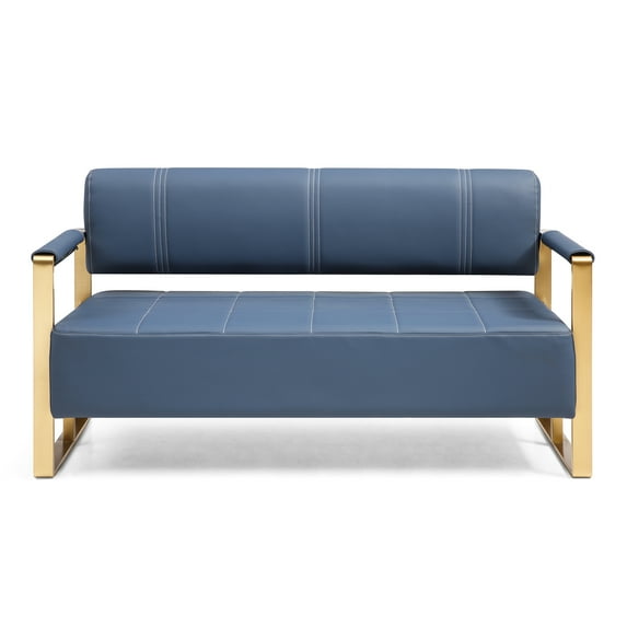 Faux Leather For Living Room - 2 Seater With Rectangular Arms, Blue Modern Bonded Apartment Elegant Look,