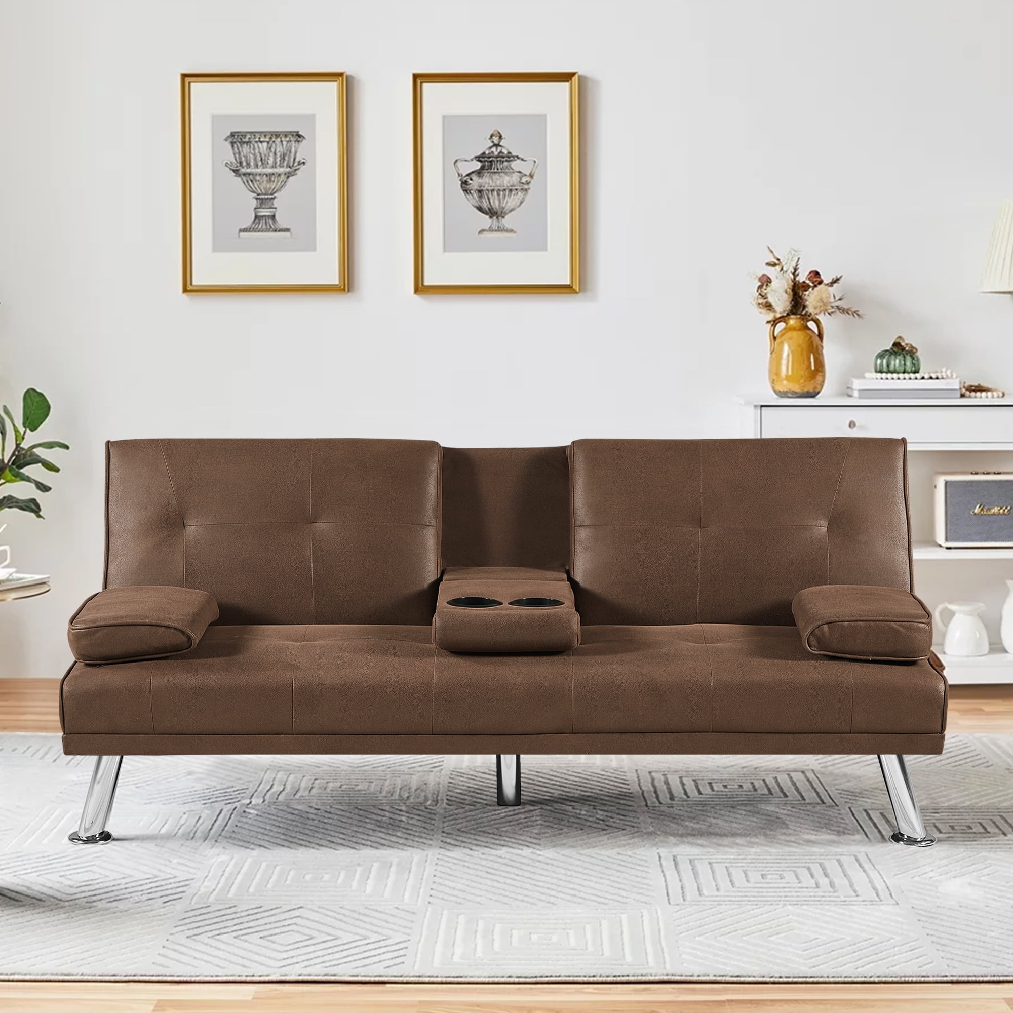 Faux Leather Futon Sofa Bed with Cup Holders and Pillows, Convertible