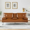 Faux Leather Futon Sofa Bed with Cupholders and Pillows, Convertible Folding Sofa Couch, Brown