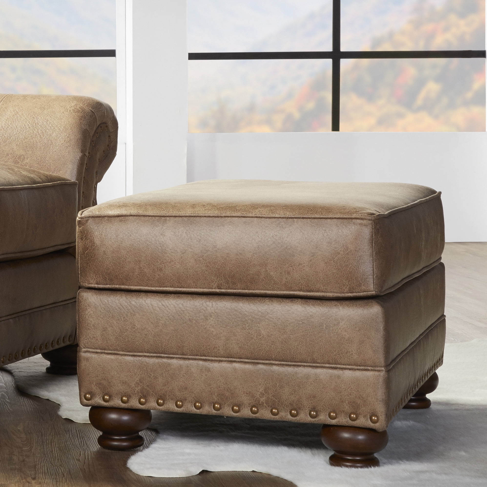 Faux Leather In Ginger Brown - Antique Bronze Nailheads, Wood Feet, Rectangular Solid Pattern, Backless, American Traditional Theme Shape Upholstery, Decor