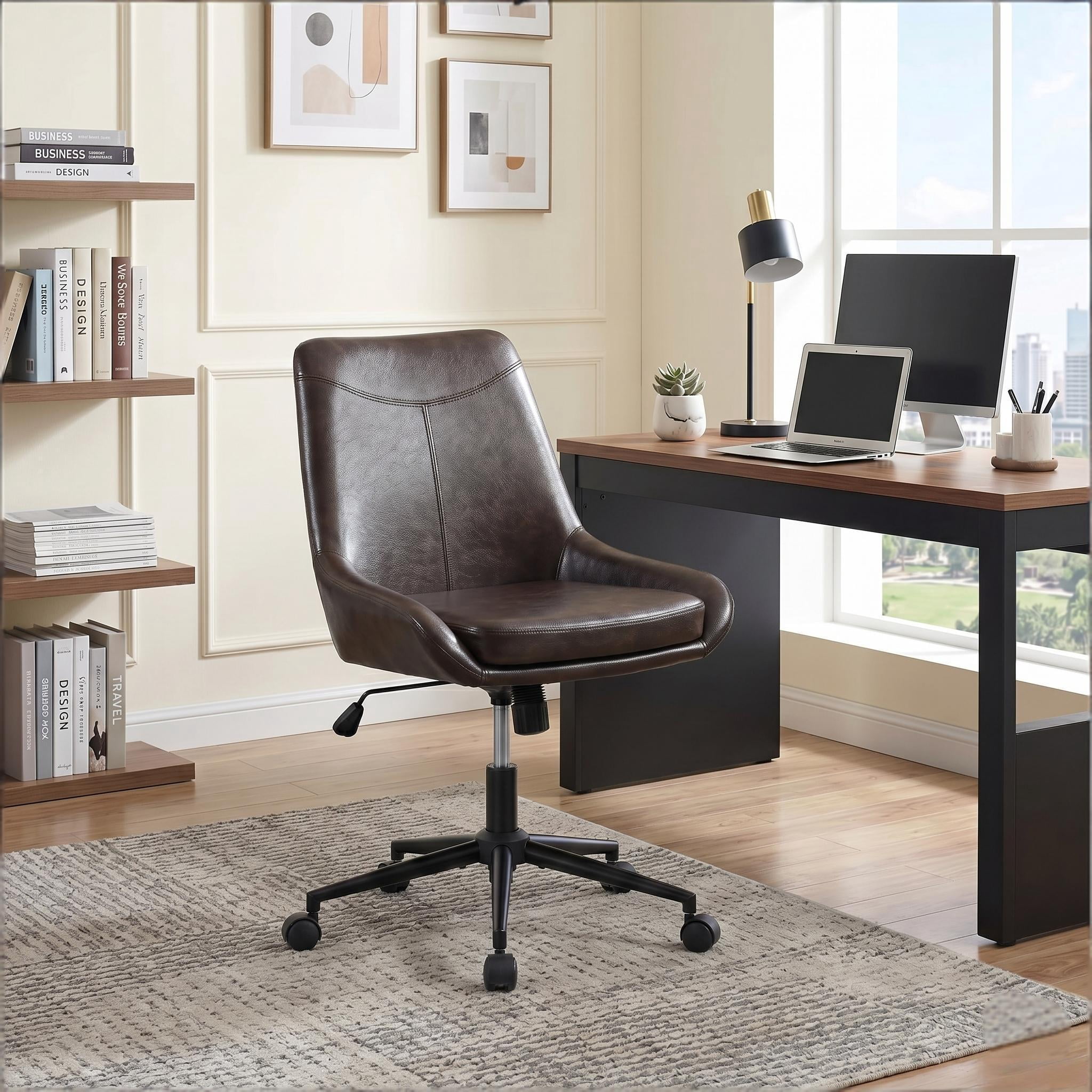 Faux Leather Home Office Chair，Comfortable Armless Task Chair Swivel Rolling Adjustable Height Home Office