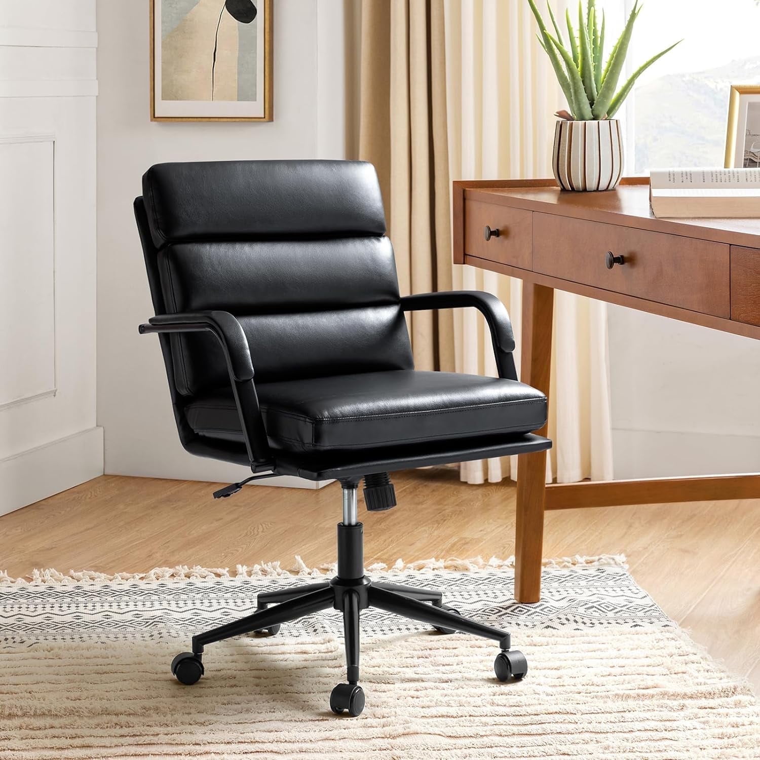 Faux Leather Home Office Chair, Swivel Task Desk Chair with Padded Cushion, Black
