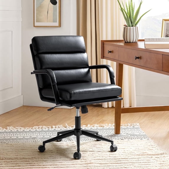 Faux Leather Home Office Chair, Swivel Task Desk Chair with Padded Cushion, Black