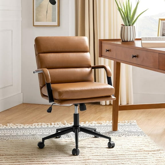 Faux Leather Home Office Chair, Swivel Task Desk Chair with Padded Cushion  Camel