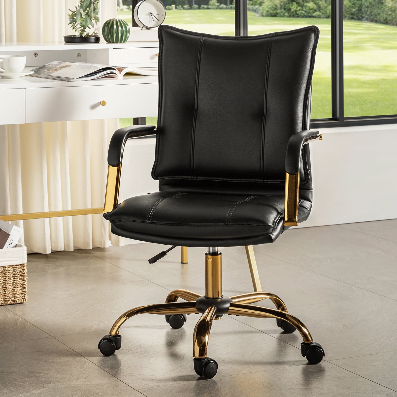 Black Faux Leather Swivel Task Chair with Golden Base
