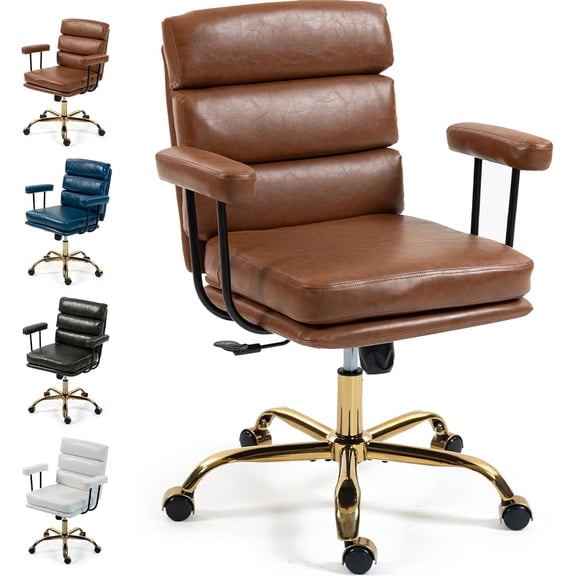 Faux Leather Home Office Desk Chair, Gold Base Makeup Vanity Chair with Wheels, Padded Seat and Armrests, Adjustable Height Swivel Executive Computer Chair, Brown