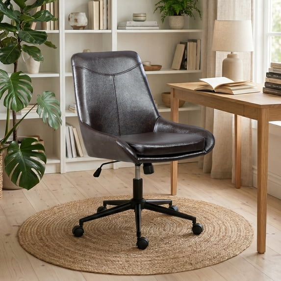 Faux Leather Home Office Task Chair, Armless Office Chair With Wheels, Swivel Adjustable Seat Height Desk Chair with Rocking Function for Living Room or Study, Black Brown