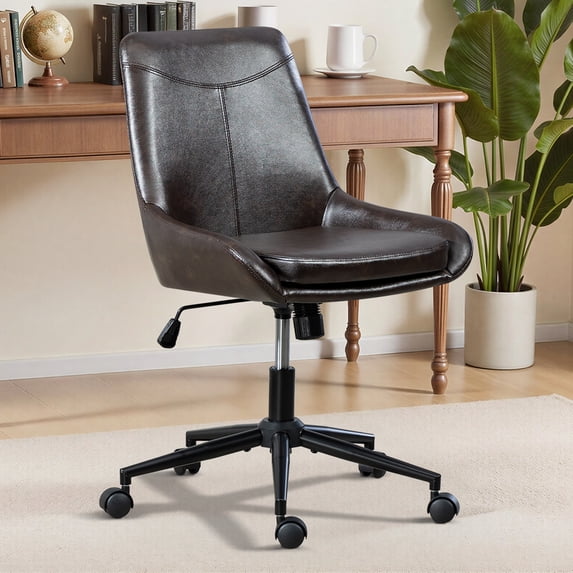 Faux Leather Home Office Task Chair, Armless Office Chair With Wheels, Swivel Adjustable Seat Height Desk Chair with Rocking Function for Bedroom, Living Room or Study, Black Brown